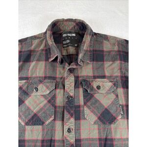 Fox Racing Flannel Shirt Mens Large Grey Black Red Plaid Button Up MX Moto